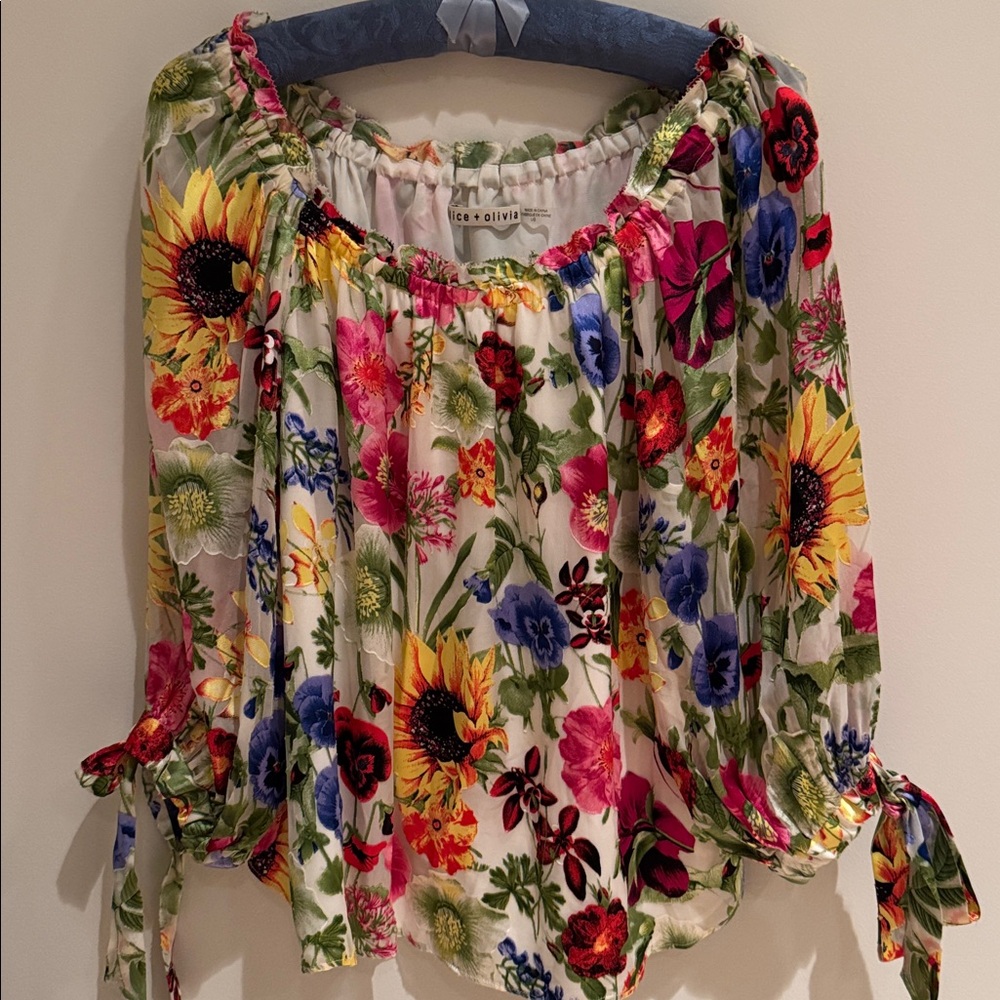 NWOT ALICE + OLIVIA ALTA FLORAL PRINT SILK BLEND BLOUSE ON/OFF SHOULDER SZ LARGE - Picture 13 of 15